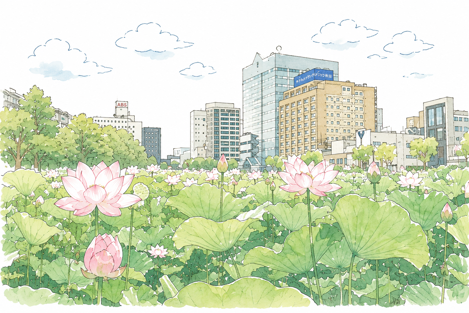 秋田市街の風景イラスト